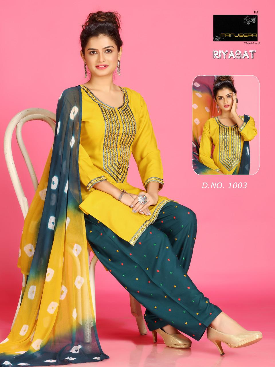 Manjeera Riyasat  Latest Fancy Designer Rayon Patiyala work Ethnic Wear Readymade Collection